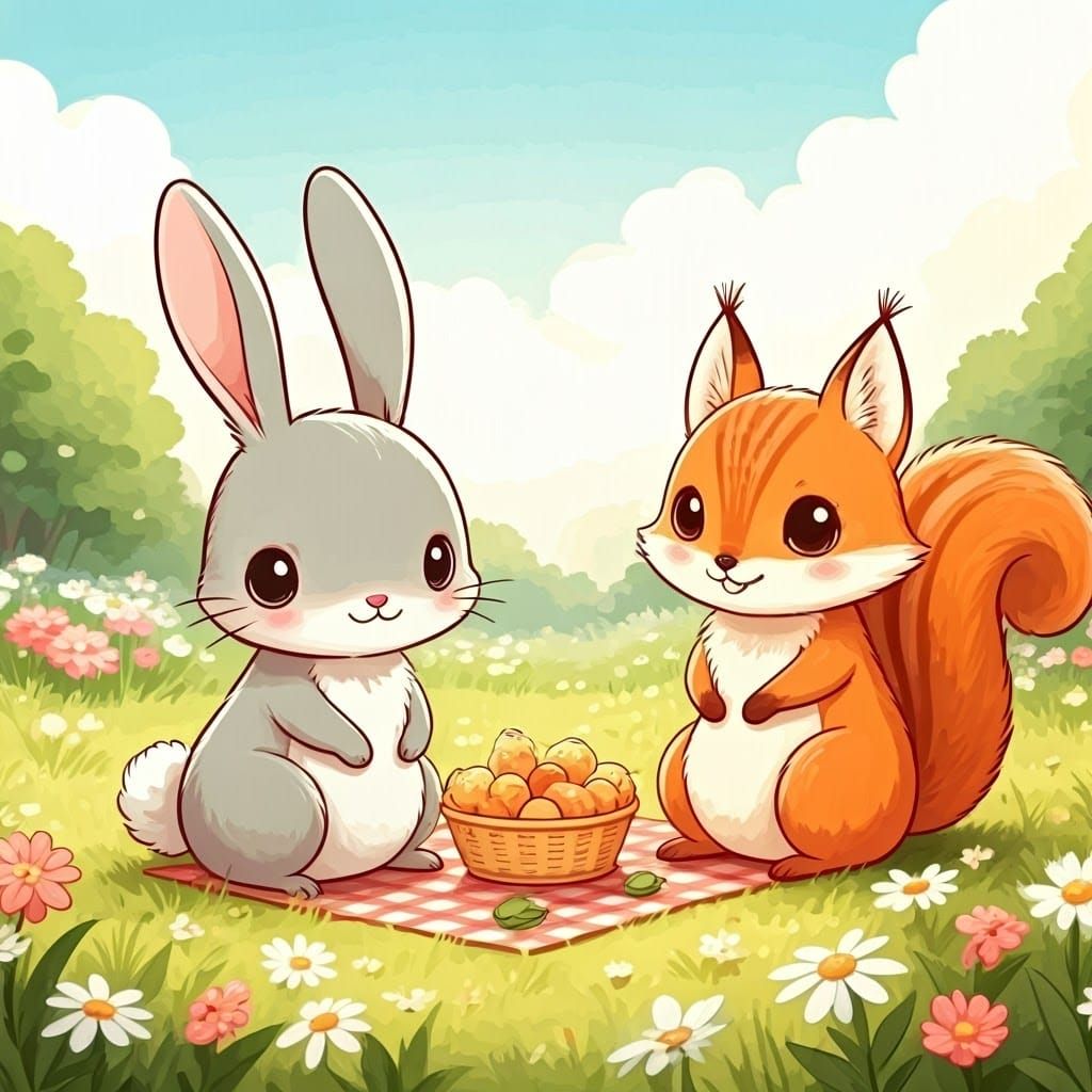 Kawaii Animals Picnic in Sunny Meadow: Pastel Illustration