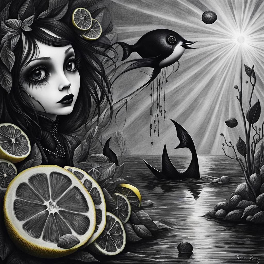 Chibi Goth Woman in Black Lemonade, Crayon Style