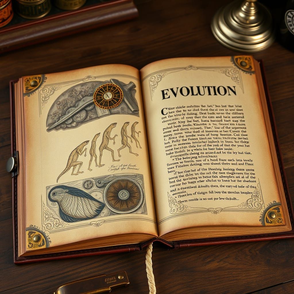 Evolution Book with Clockwork Gears, Retro-Futuristic Style