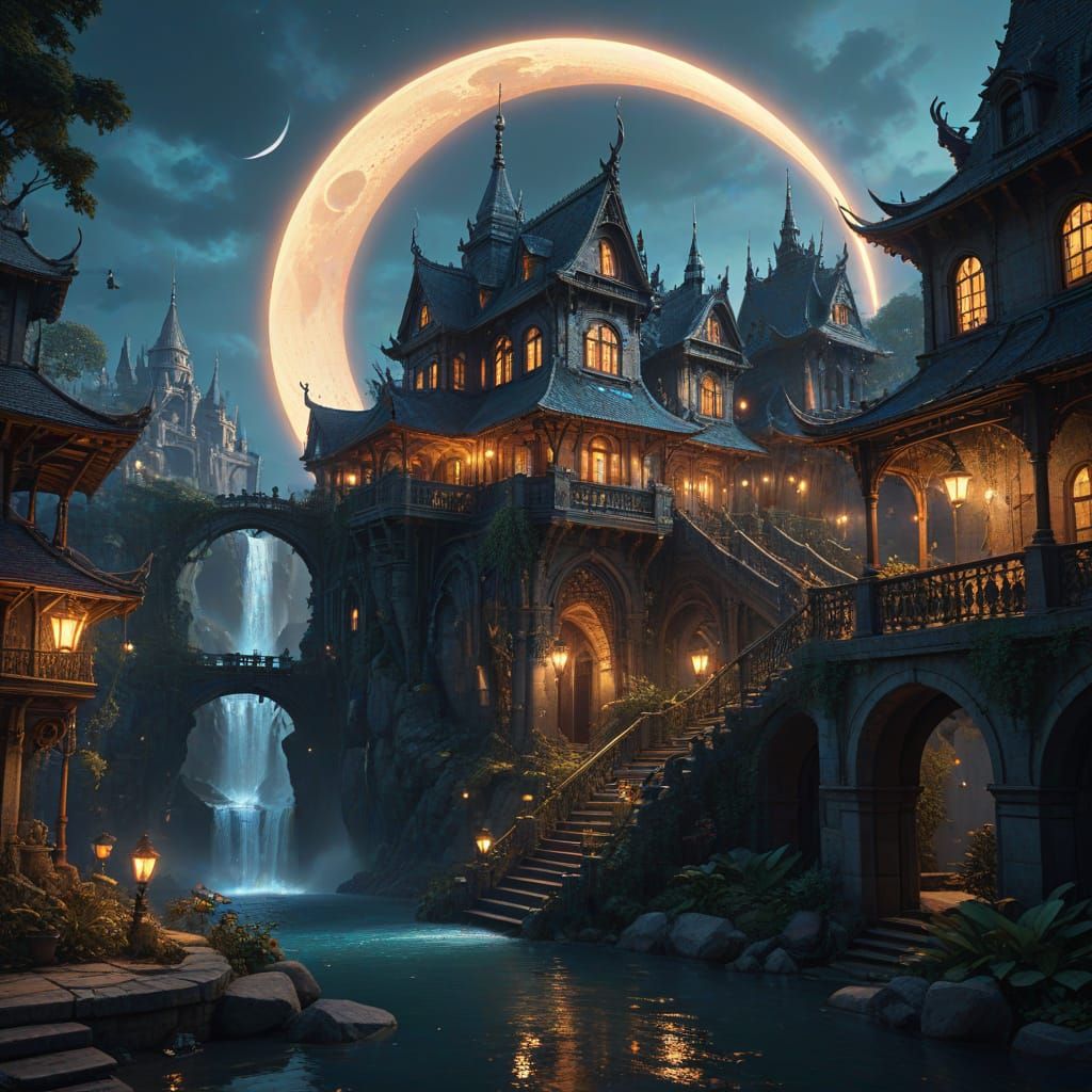 Crescent Moon Fairy Village: Fantasycore Digital Art