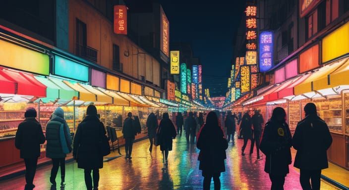 Lively Night Market in Vibrant Neon Lights