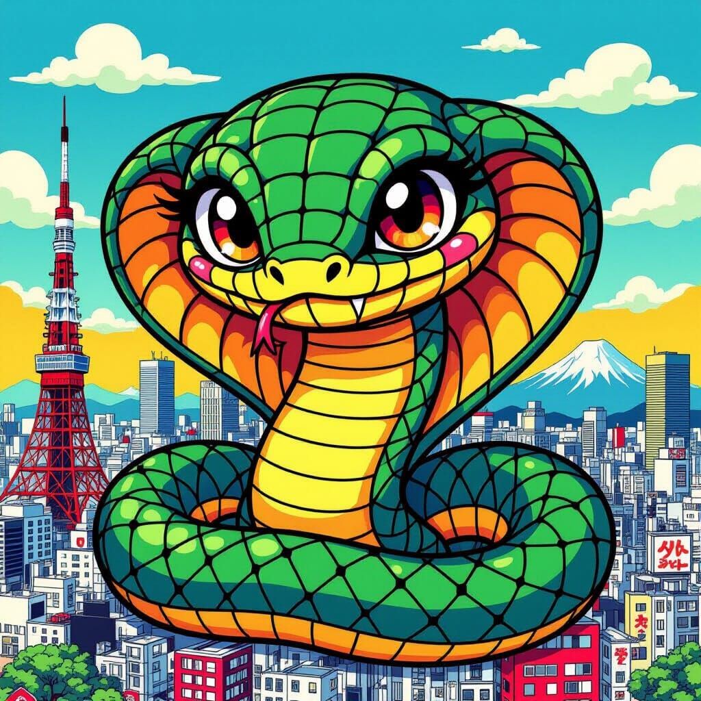 Chibi Cobra Wraps Tokyo: Whimsical Anime Illustration