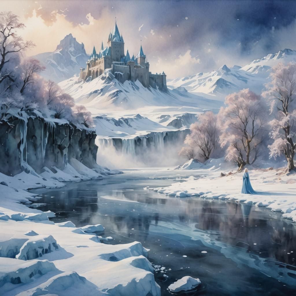 Snow Queen's Frozen Castle: A Watercolor Dream