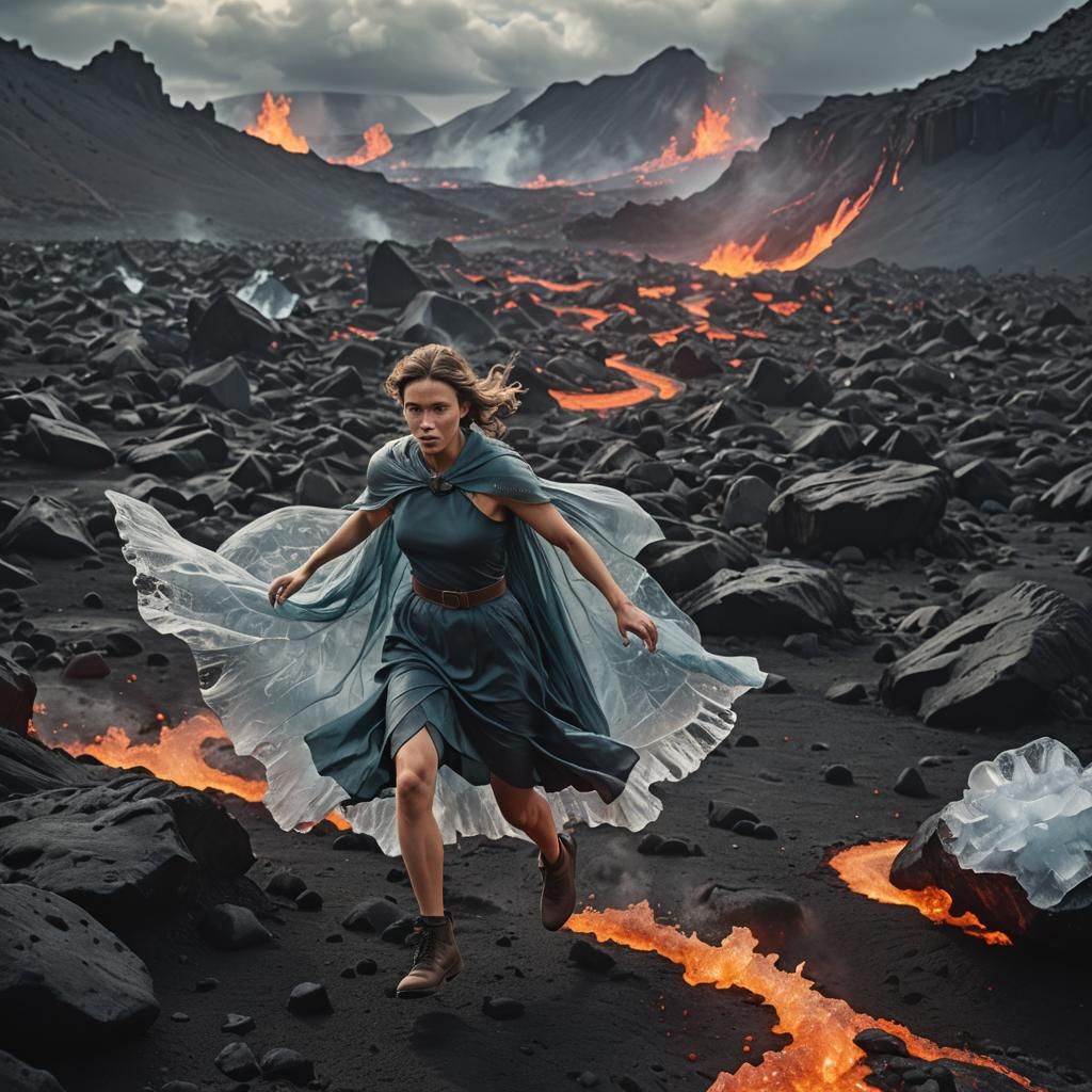 Woman Runs on Lava Making Ice Crystals