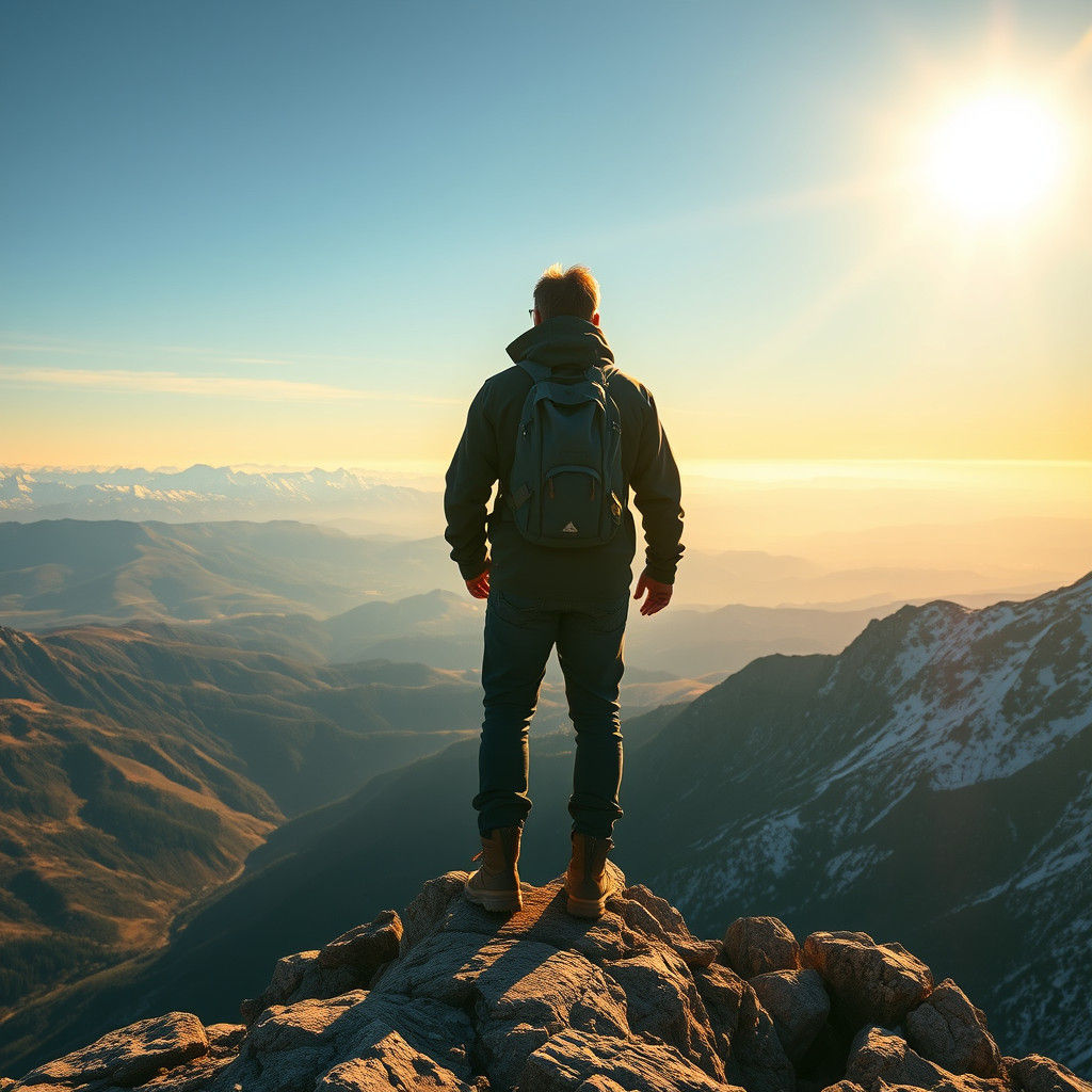 Hiker on Mountain Peak During Golden Hour