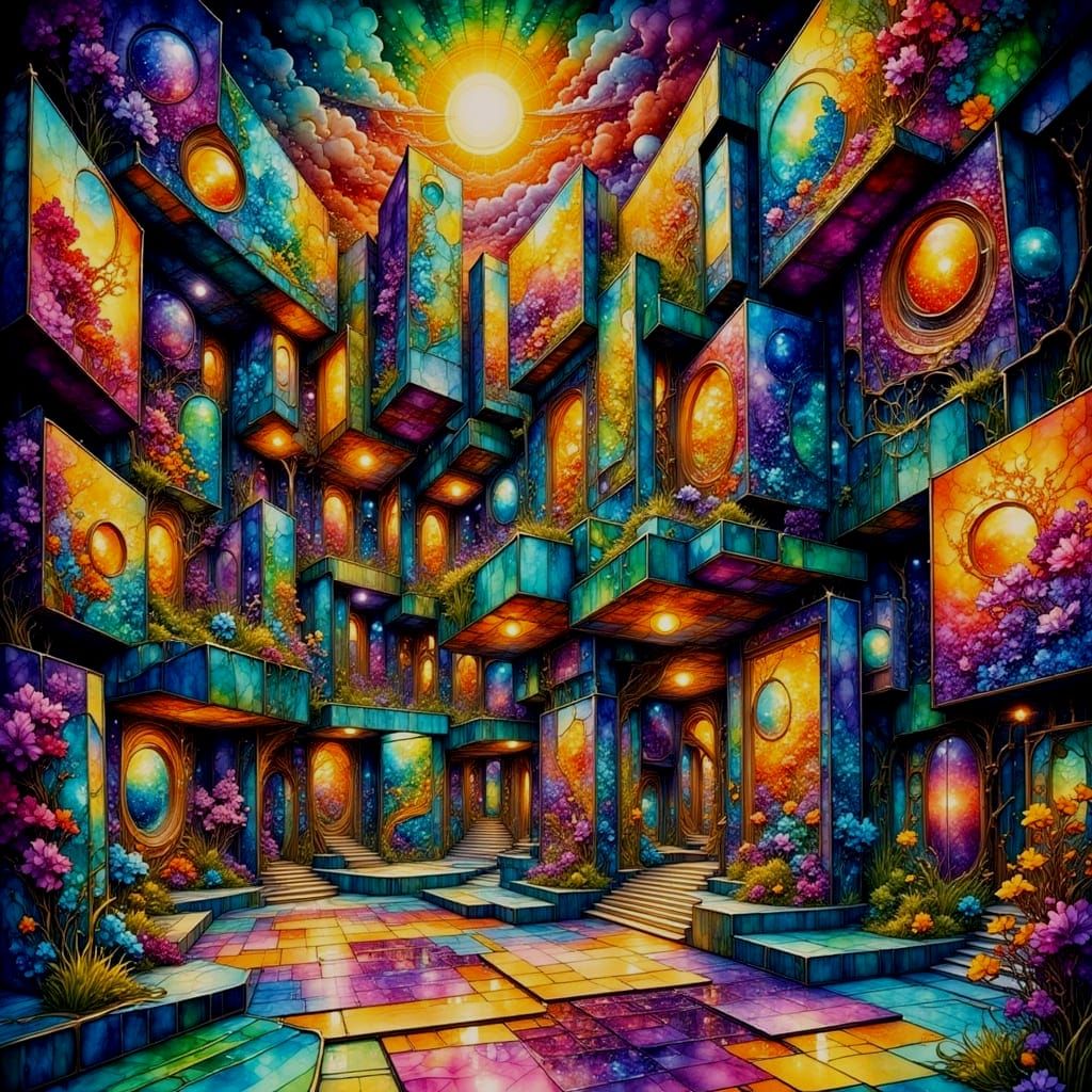 Futuristic Cube Art Museum with Cosmic Psychedelic Art