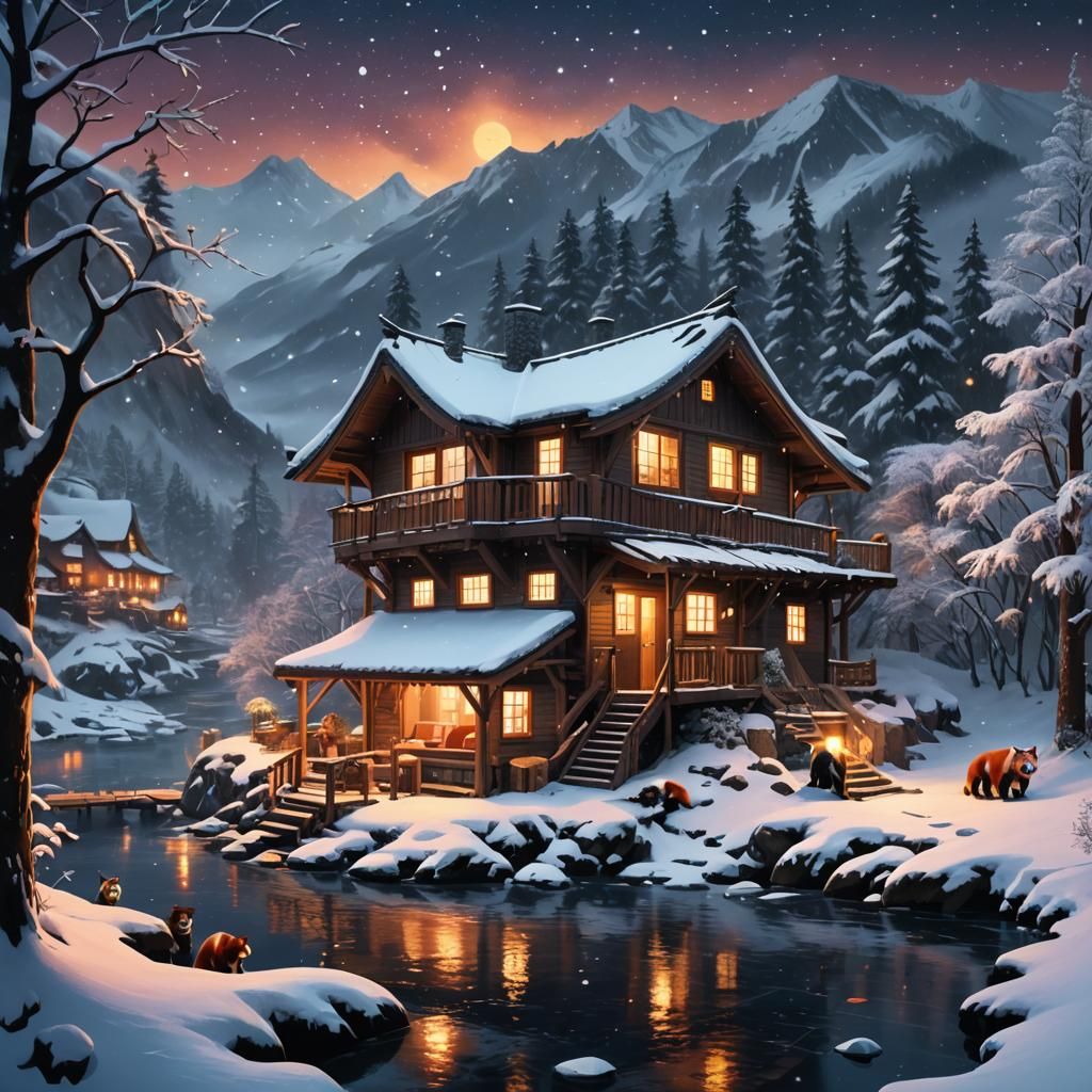 Snowy Mountain Cabin with Red Pandas at Night
