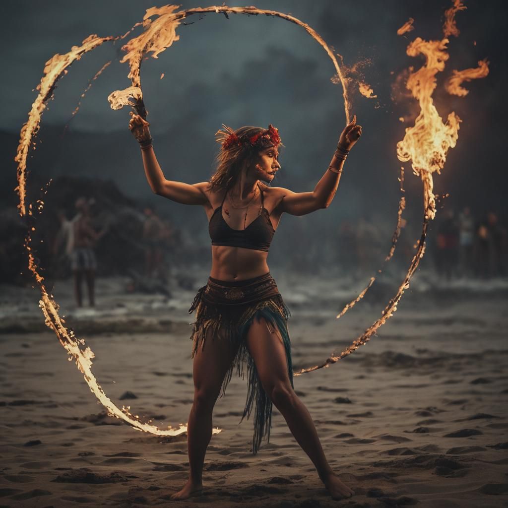 Dramatic Beach Fire Dancer in Cinematic Style