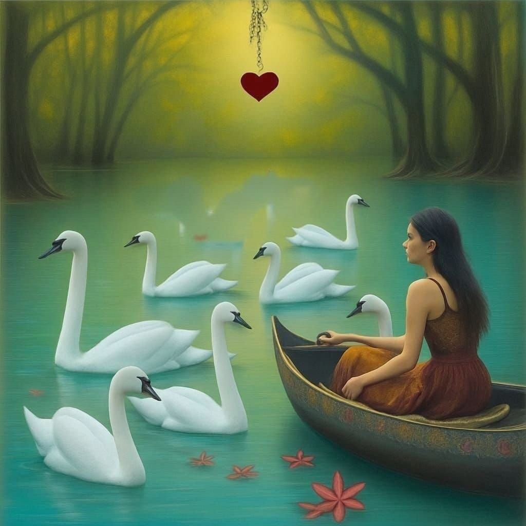 Seven swans swimming