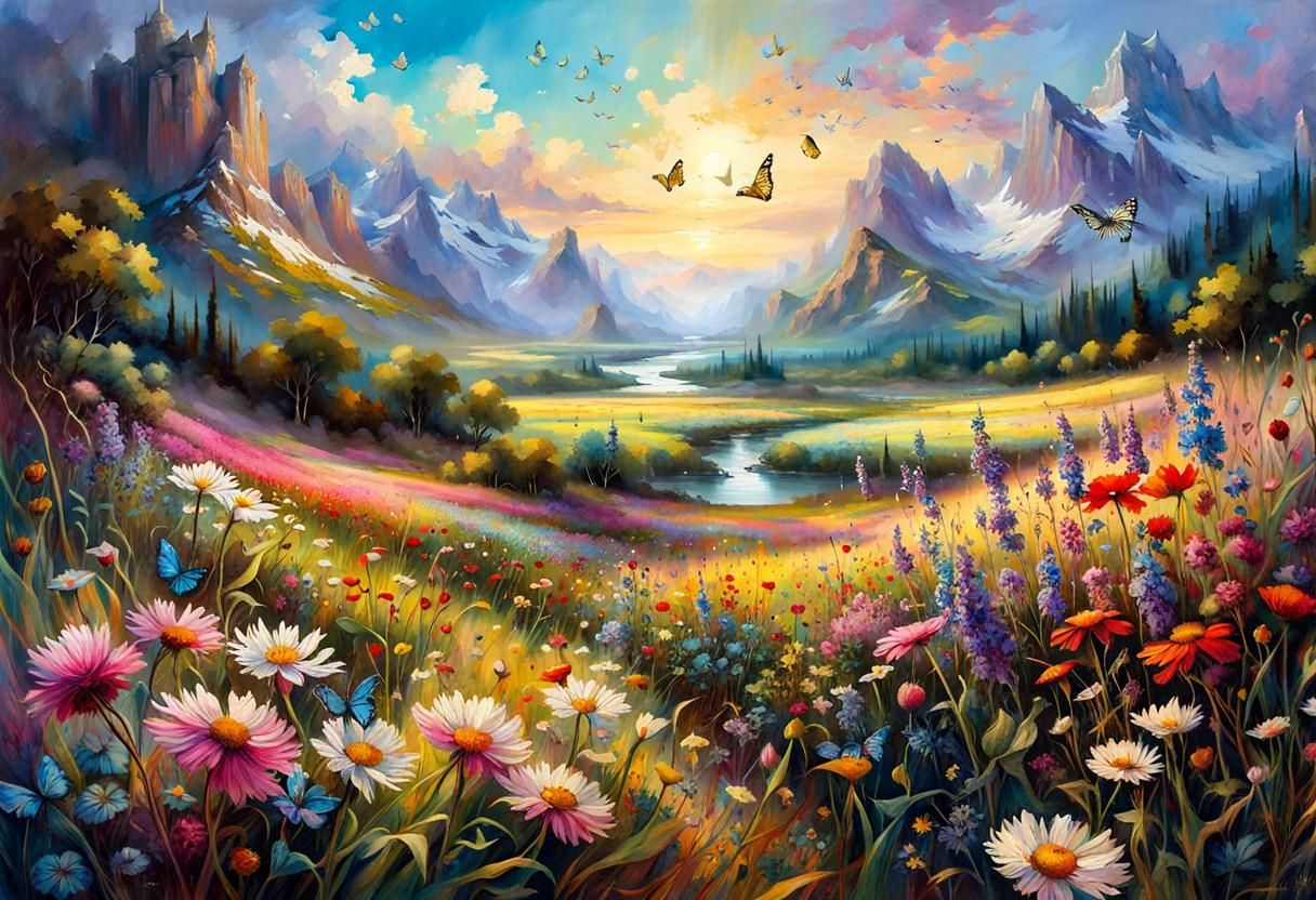 Fantasy Flower Meadow with Mountain River