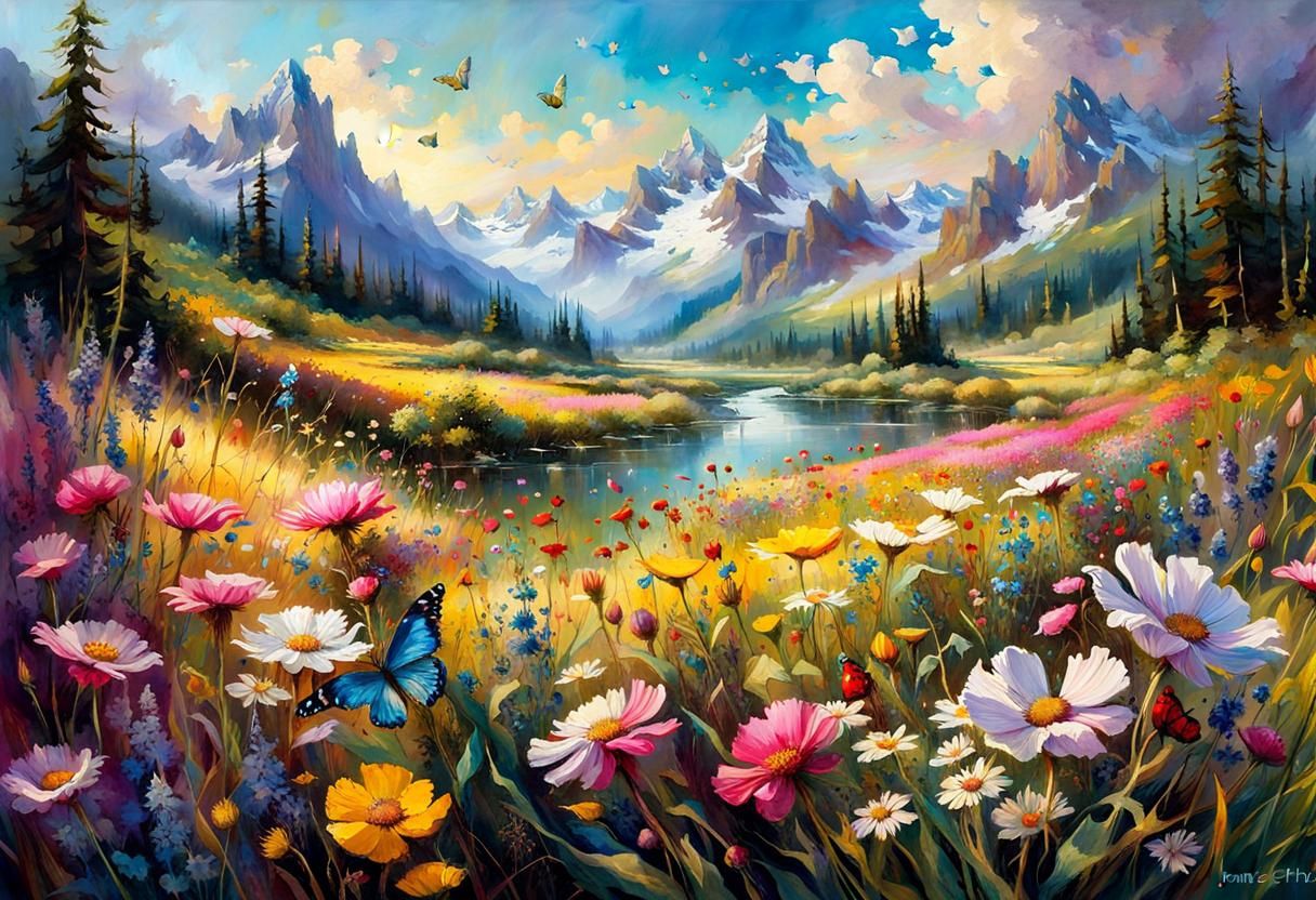 Fantasy Flower Meadow with Butterflies in Morning Light