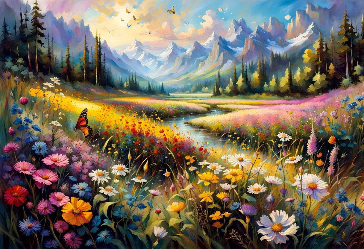 Fantasy Flower Meadow with River in Morning Light