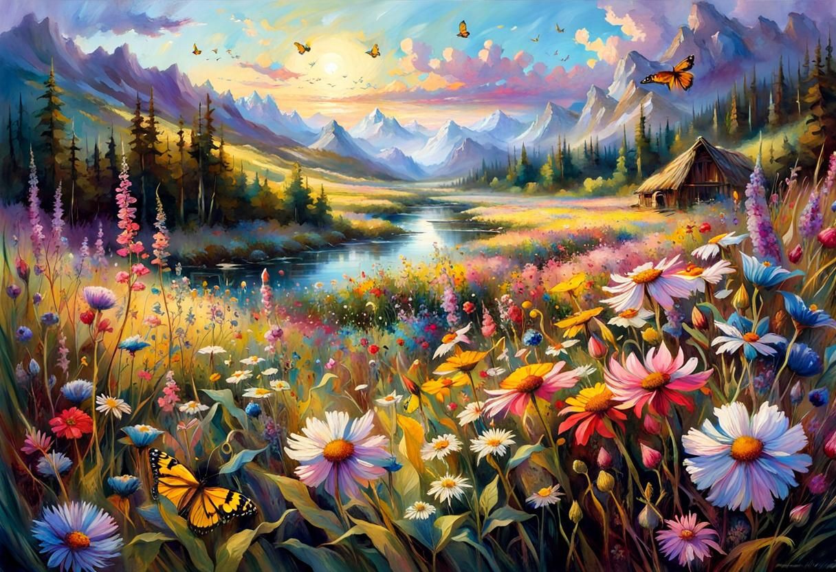 Fantasy Flower Meadow with Mountain River in Morning Light