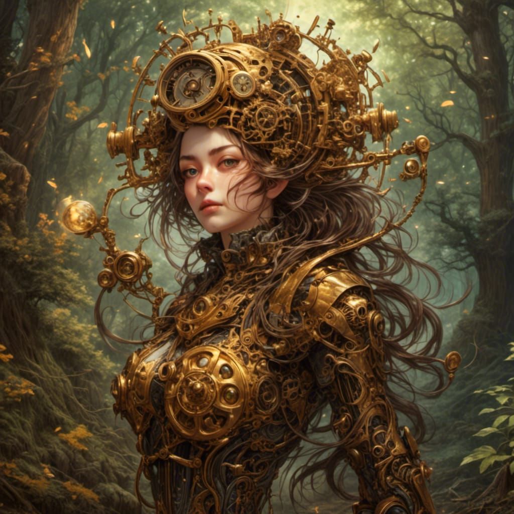 Steampunk Witch in Klimt Style Gold Abstract Woods