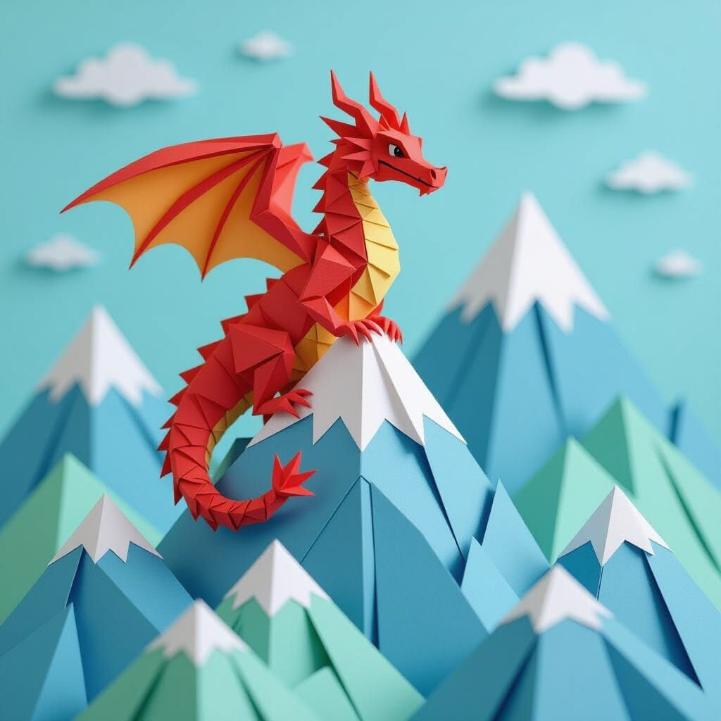 Origami Dragon on Paper Mountain Diorama