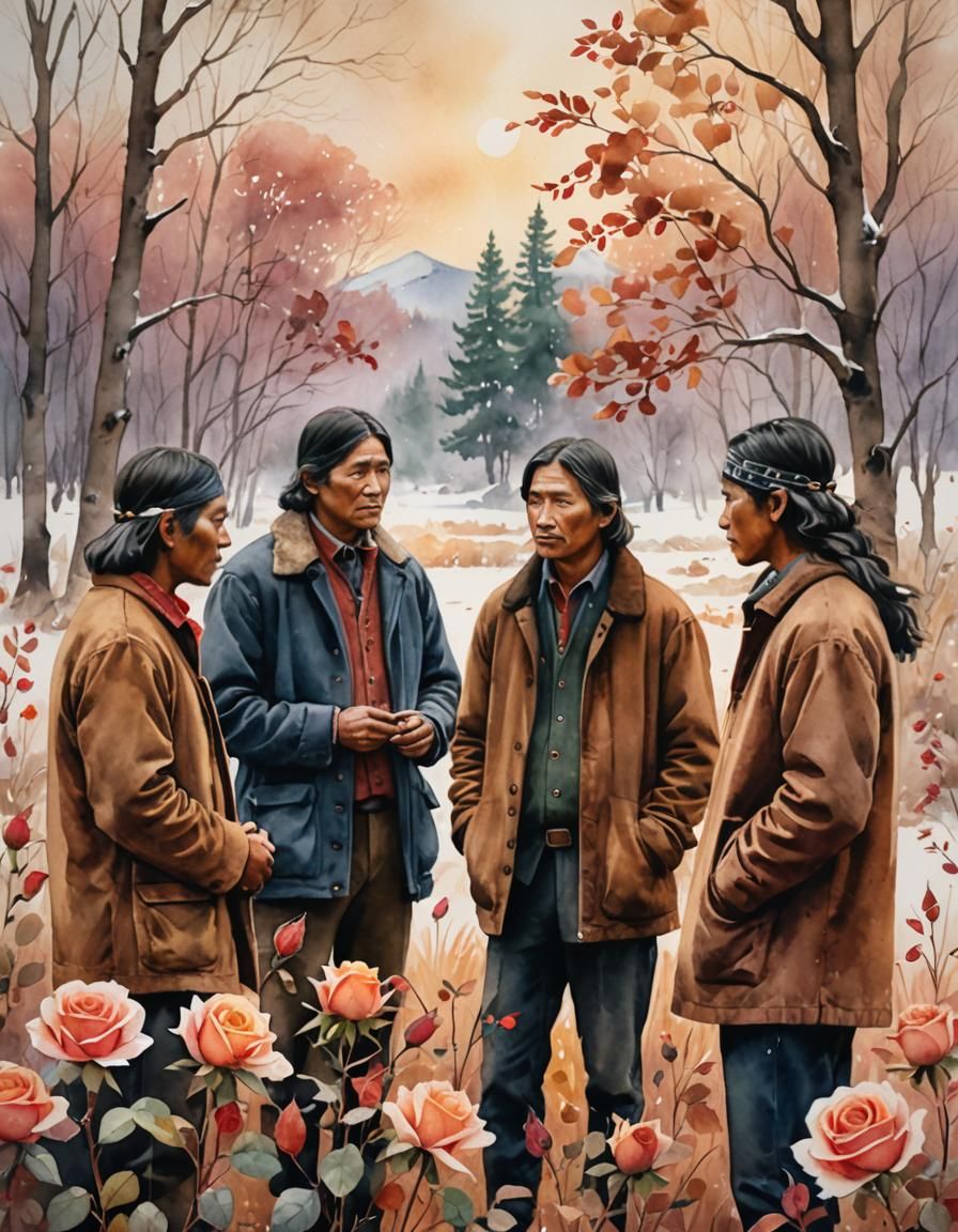 Indigenous Men Admire Autumn Rose: Watercolor Painting