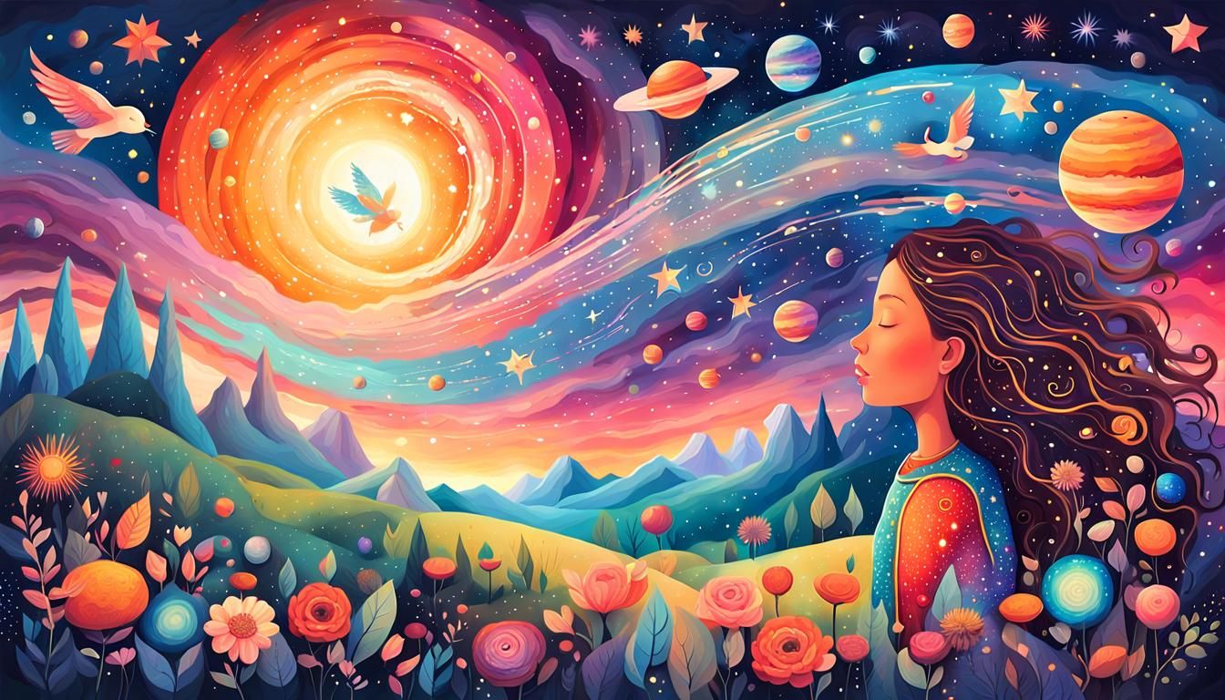 Dreamy Whimsical Girl Flying in Infinite Galaxy