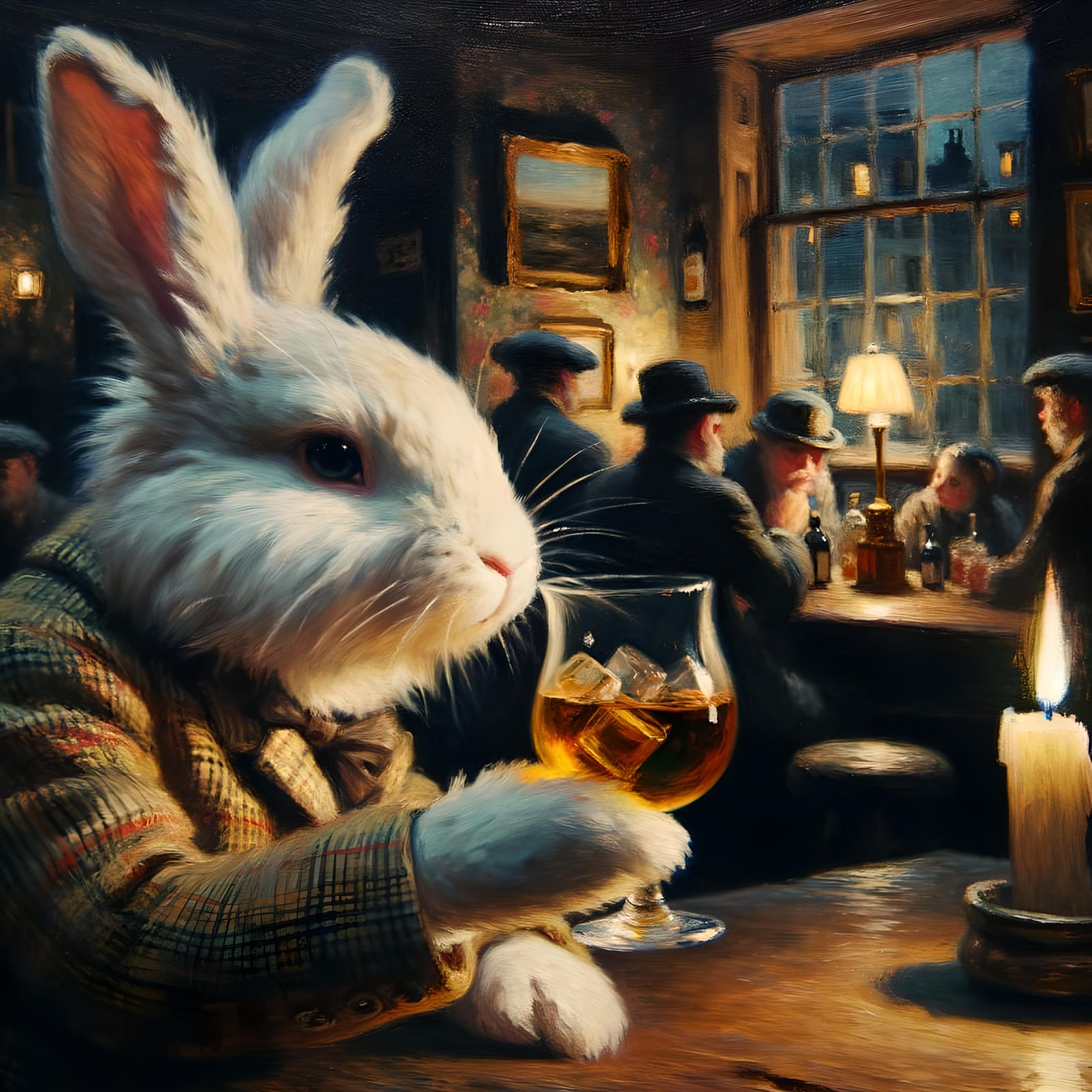 Rabbit Enjoying Scotch: Oil Painting in Vintage Style