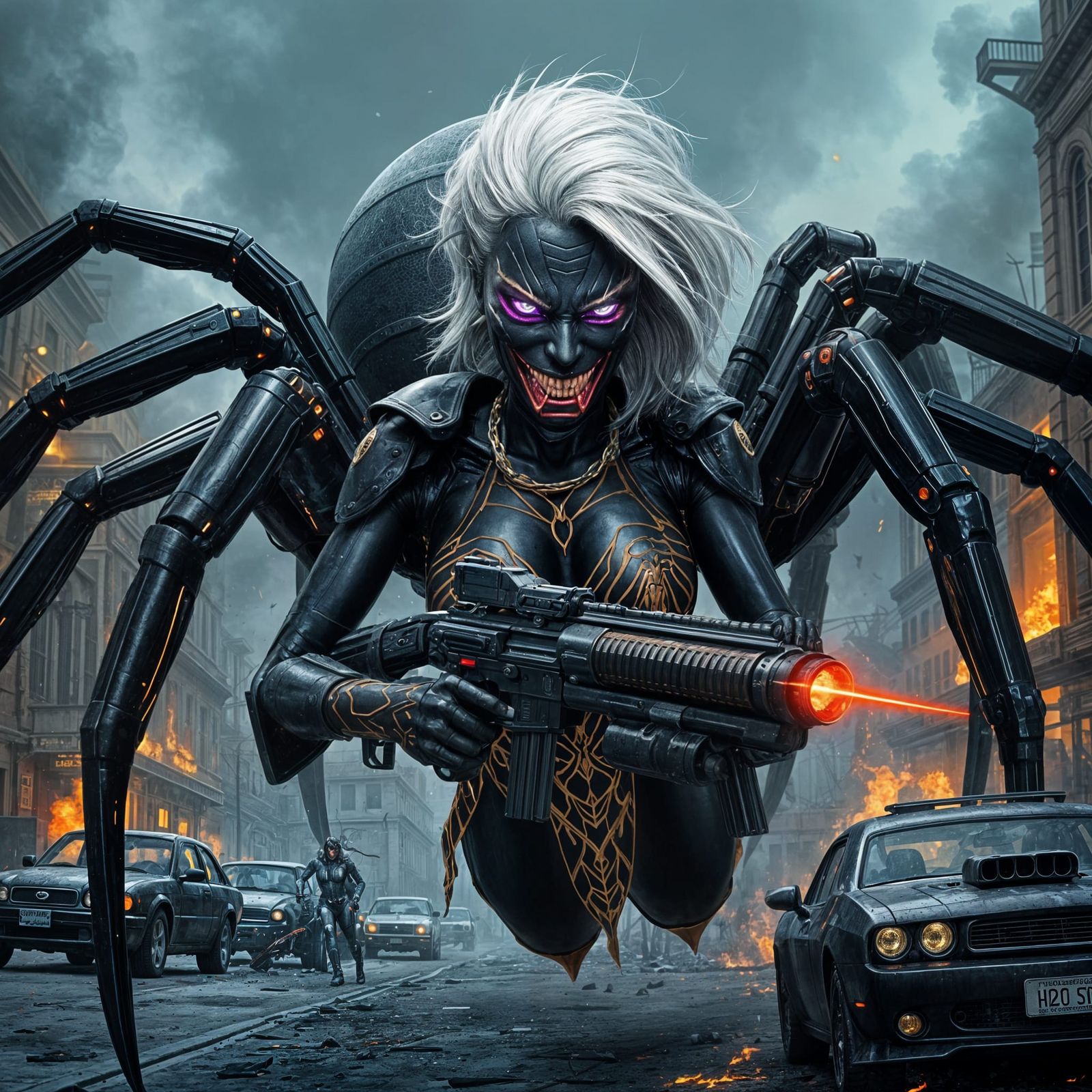 Gargantuan Spider-Demon Hybrid in Gritty Sci-Fi City