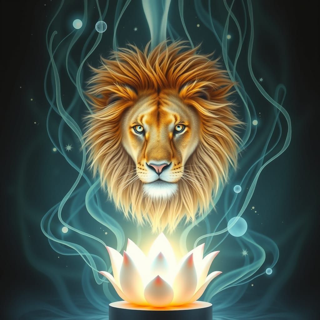 Lion on lotus passing through portal, pearlescent, kirlian P...