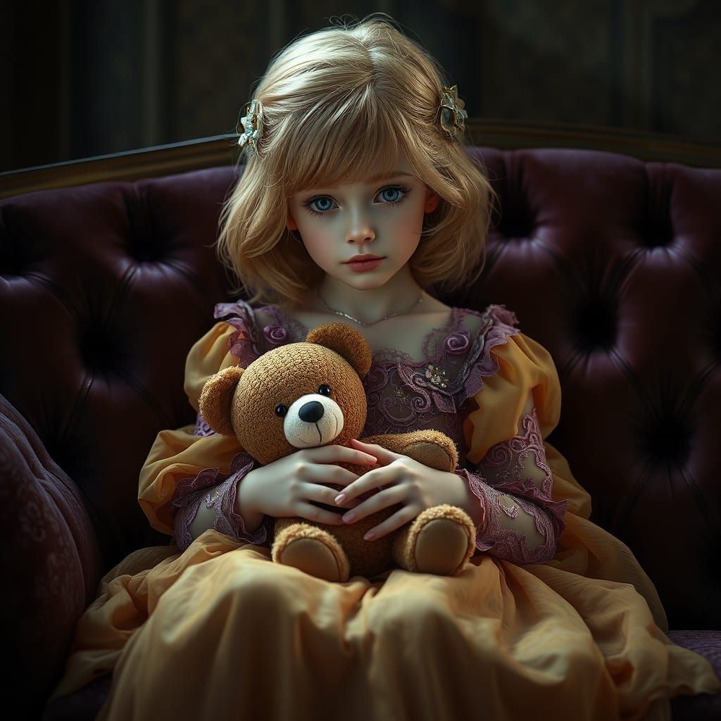 Blonde Girl with Teddy Bear, Dark Fantasy Art