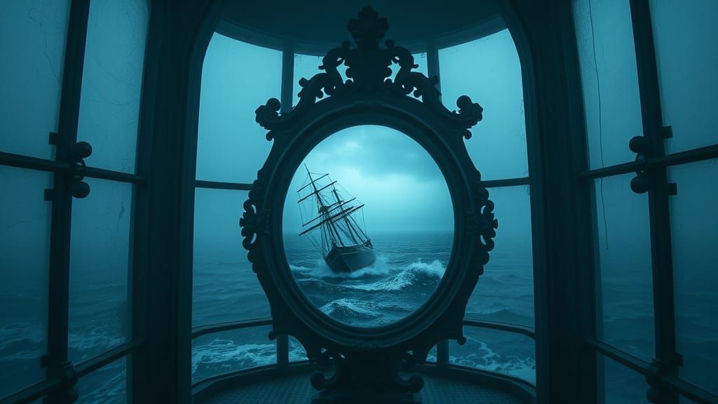 Lighthouse Mirror Reflects Shipwreck in Mystical Realism