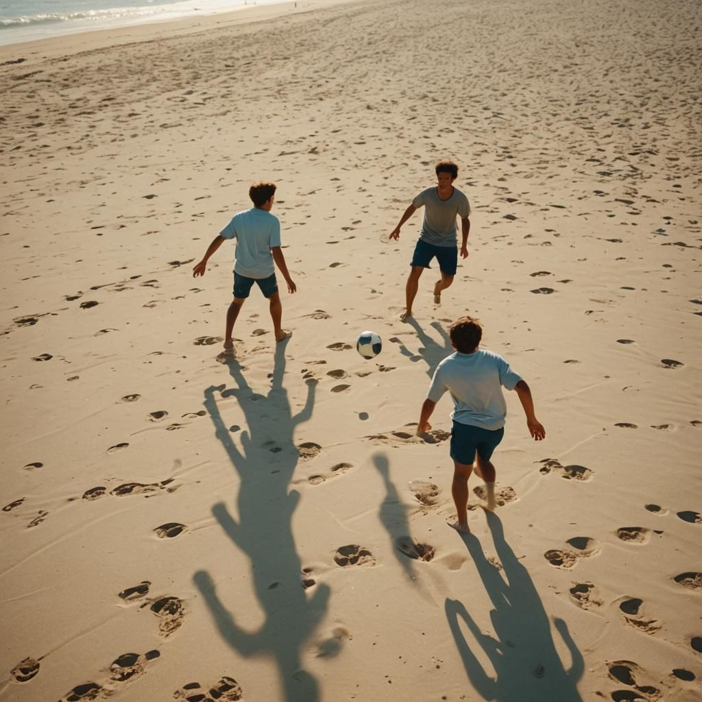 Friends Playing Football on Beach in Cinematic Style