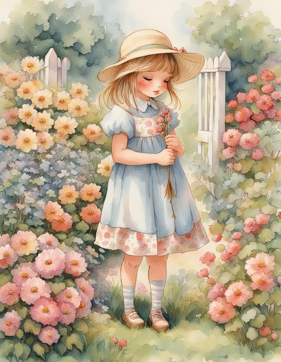 Girl with Flowers in Garden, Vintage Illustration