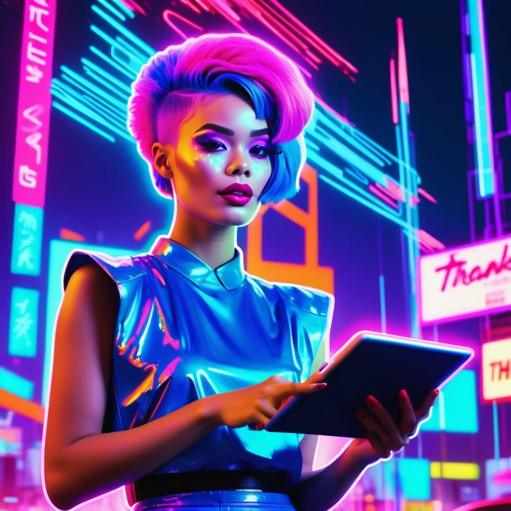 Retro-Futuristic Woman with Tablet in Pop Art Style