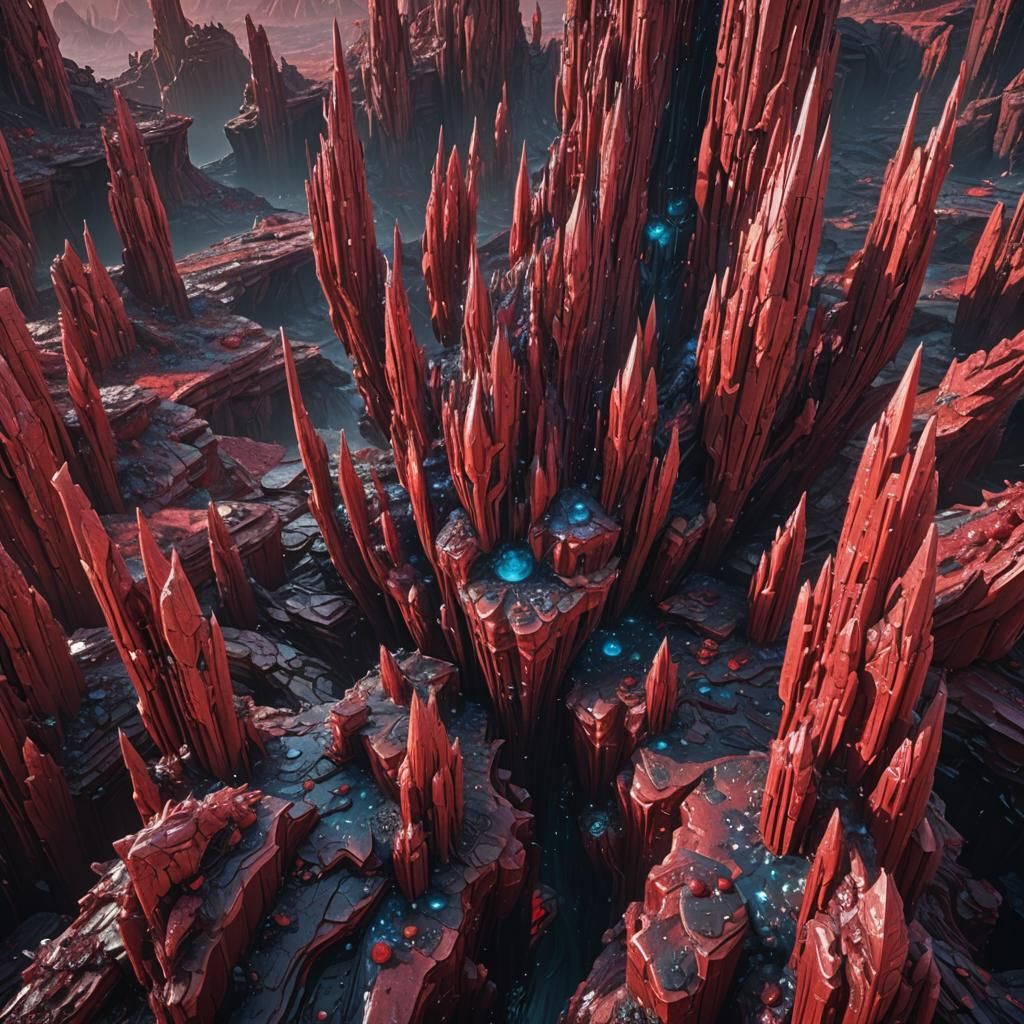 Crystalline Alien in Crimson: Detailed Matte Painting