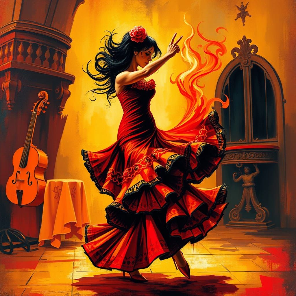 Dramatic Flamenco Dancer in Golden Spanish Tablao