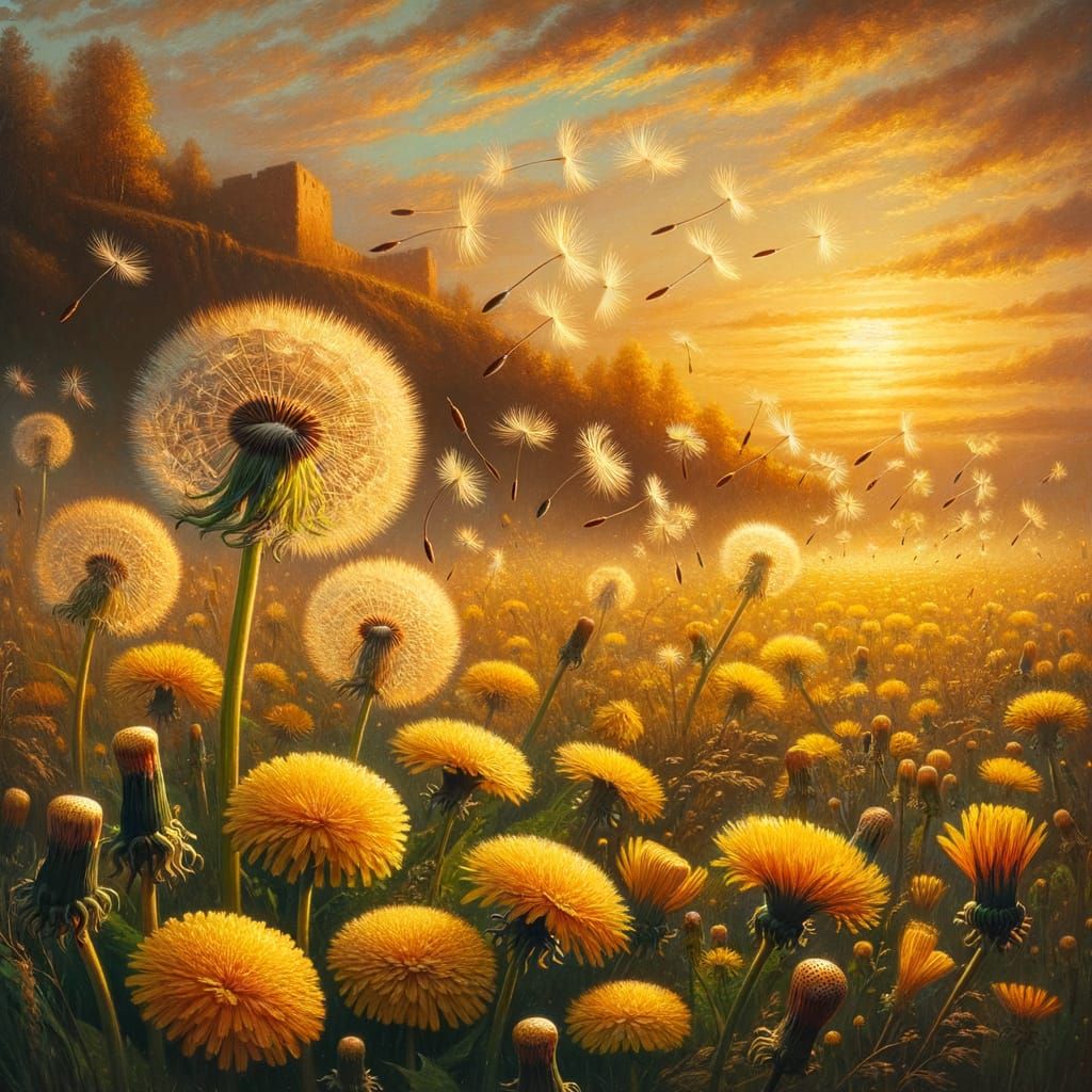 Dandelion Seeds Dance in Gentle Evening Light