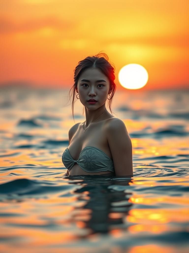 Sunset Ocean Portrait in Hyperrealistic Gongbi Style