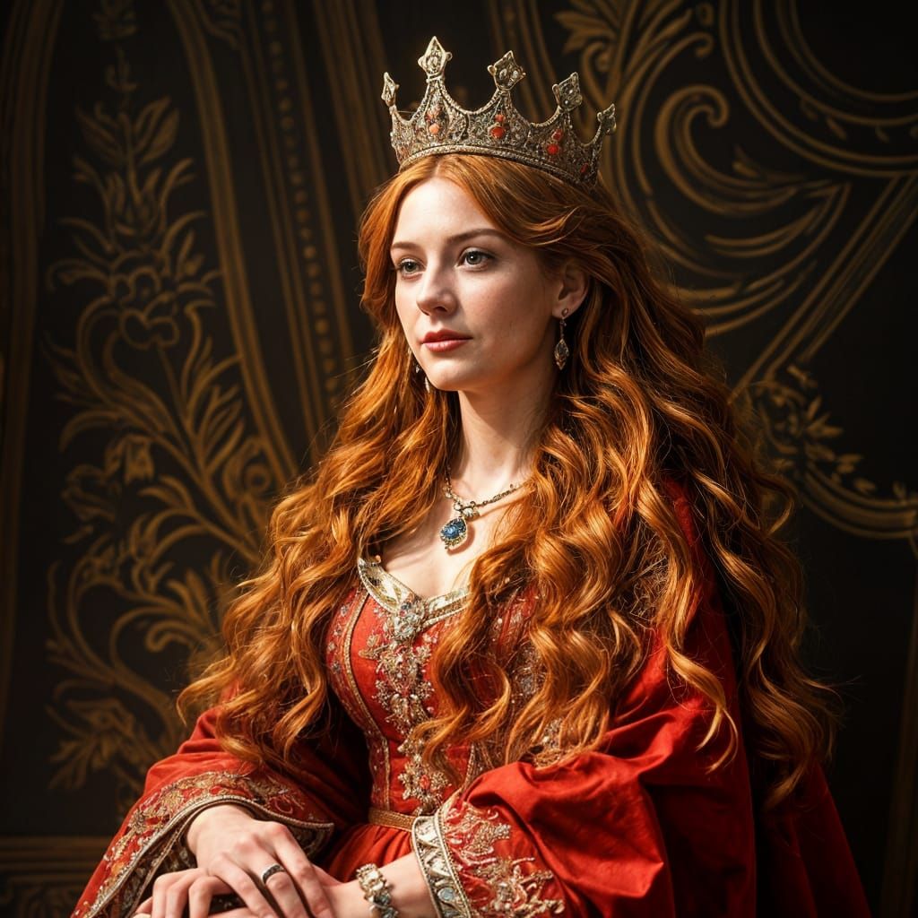 Majestic Queen with Red Hair on Stone Throne