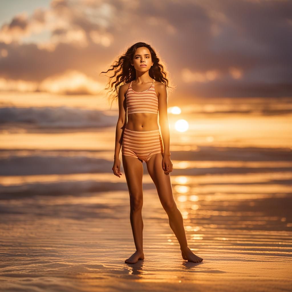 Woman on Beach at Sunrise in Cinematic Style