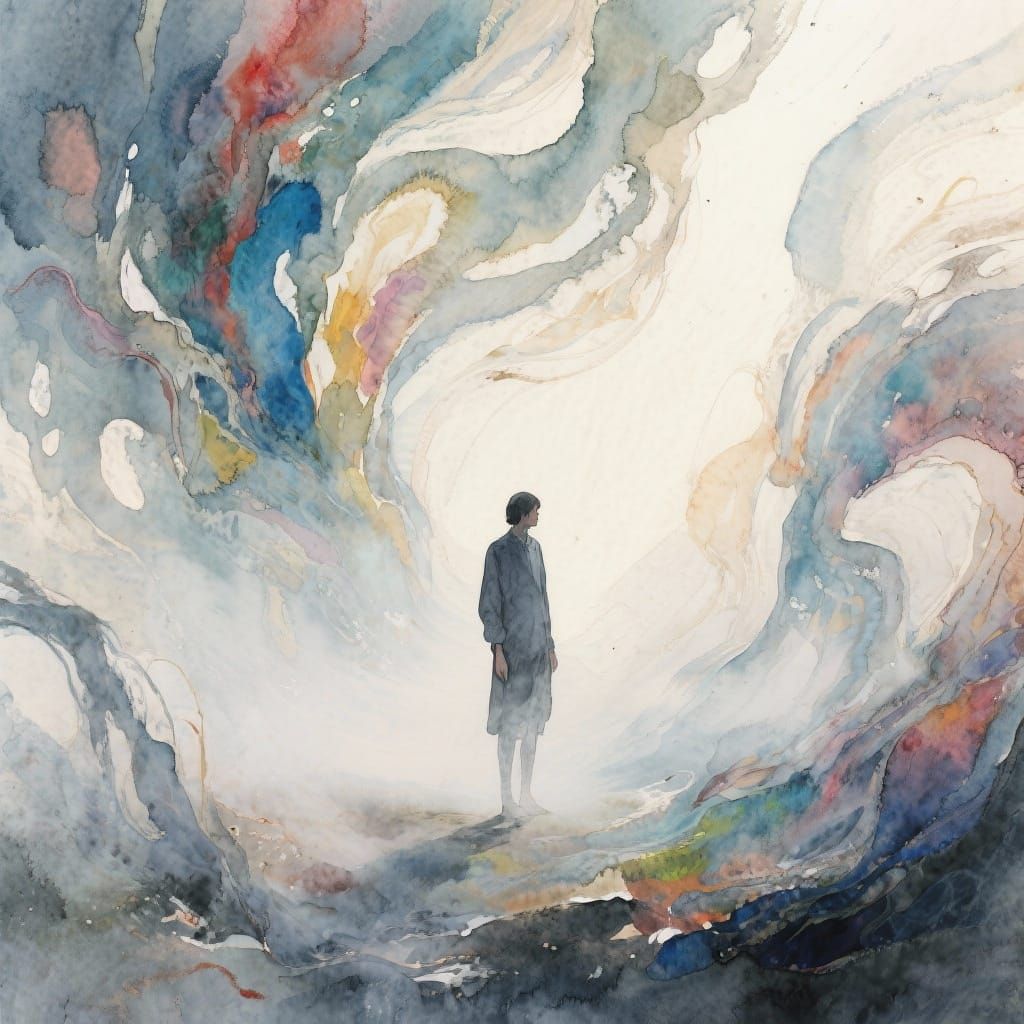 Solitary Figure in Abstract Watercolor of Conflicting Emotio...