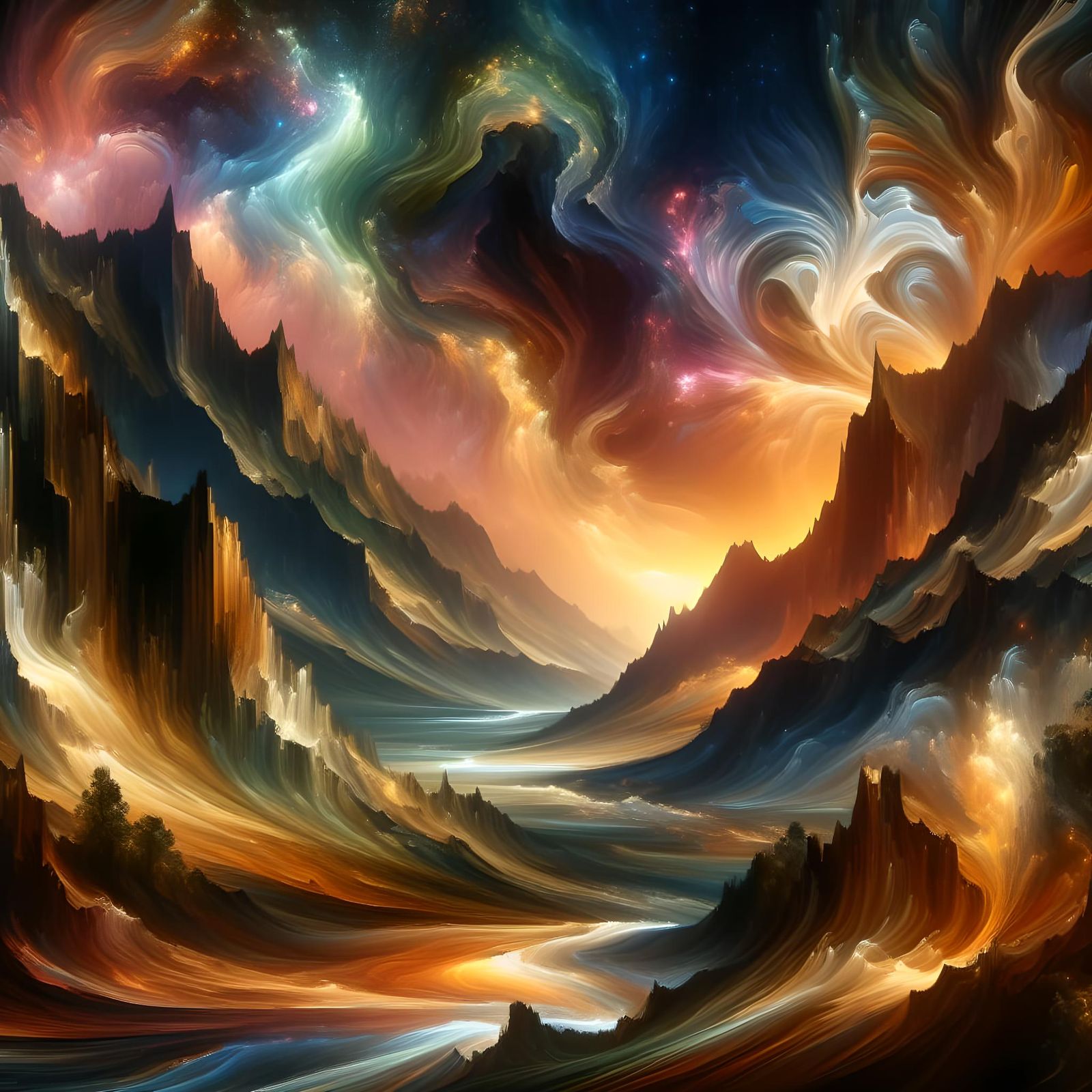 Cosmic Landscape with Glowing Rivers
