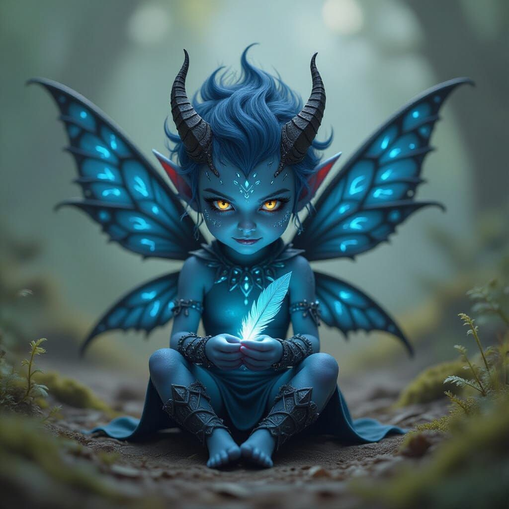 Demonic Indigo Pixie in Ancient Library, 3D Anime Style