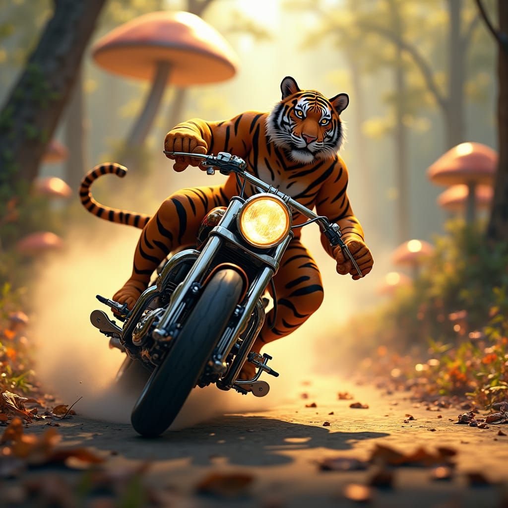 Tiger Rides Bike Through Mystical Landscape