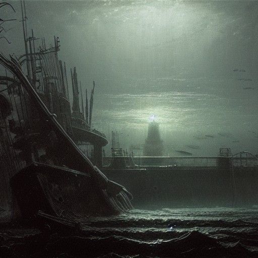 Sunken Shipyard in Stormy Deepsea, Horror Art