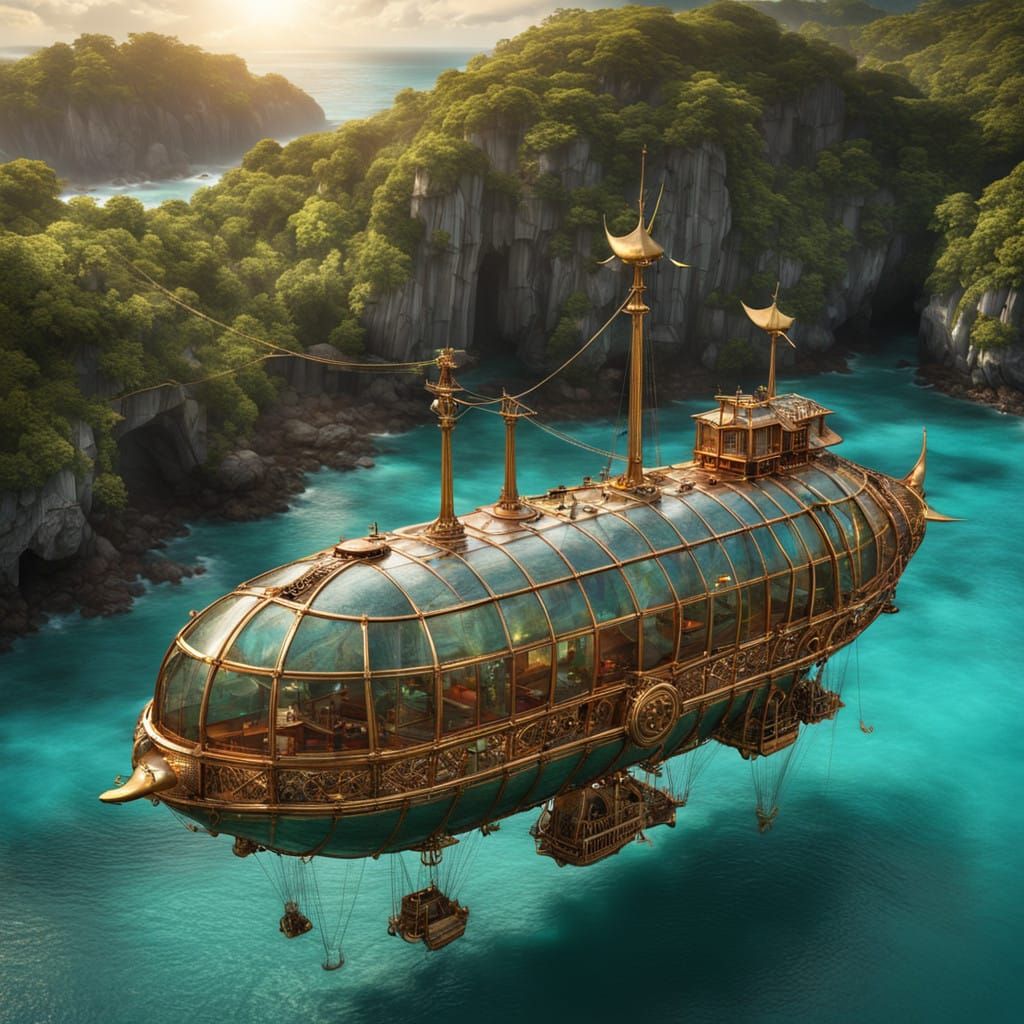Steampunk Airship Soars over Caribbean Waters, Gathering Fis...