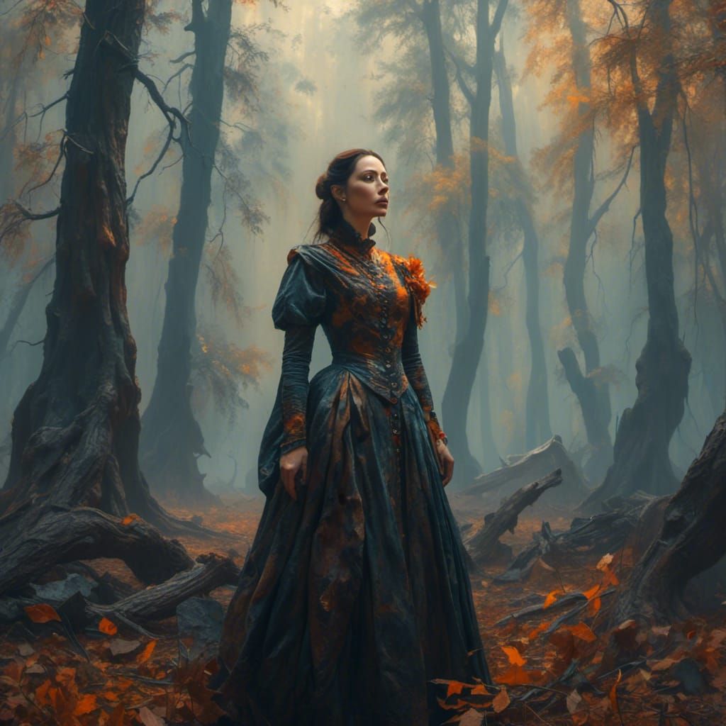 Ethereal Woman in Misty Forest: Oil Painting