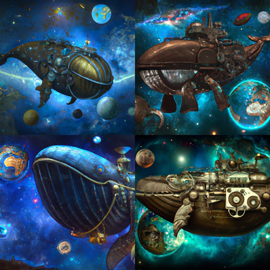Steampunk Cyborg Whale Carrying Discworld in Space