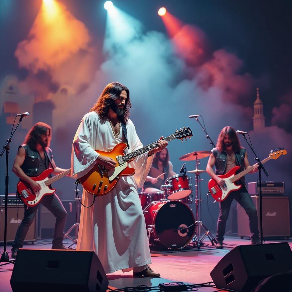 Jesus and Apostles as 70s Rock Band on Stage