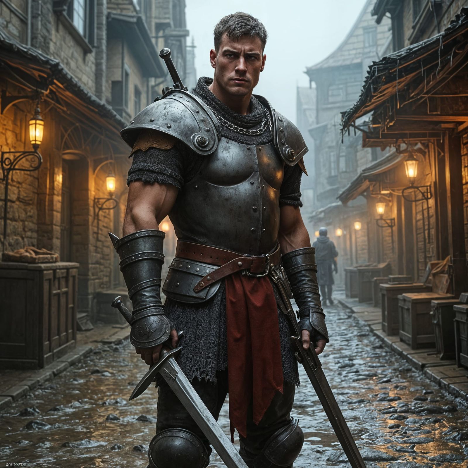 Grizzled Human Fighter in Medieval Town Square
