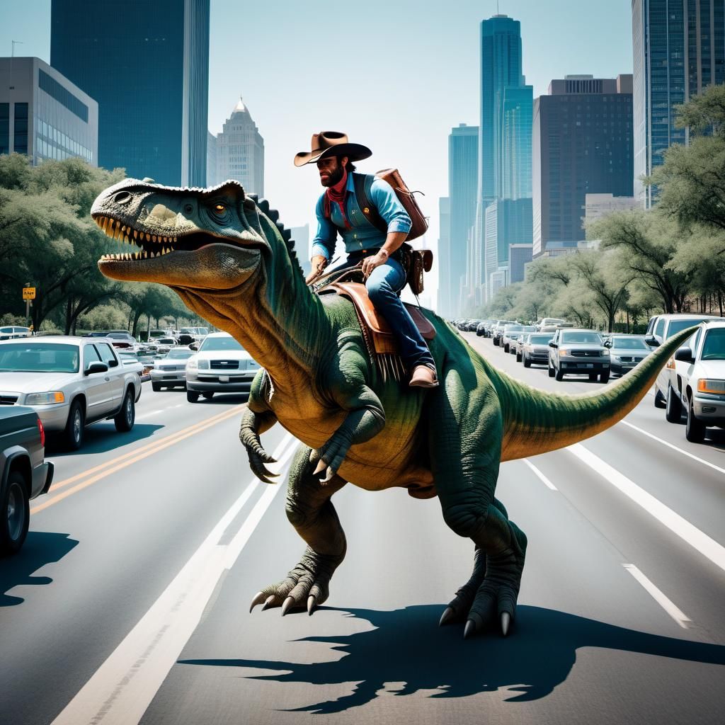 Time Clash: 3 Time periods Cowboy riding Dinosaur during Rus...
