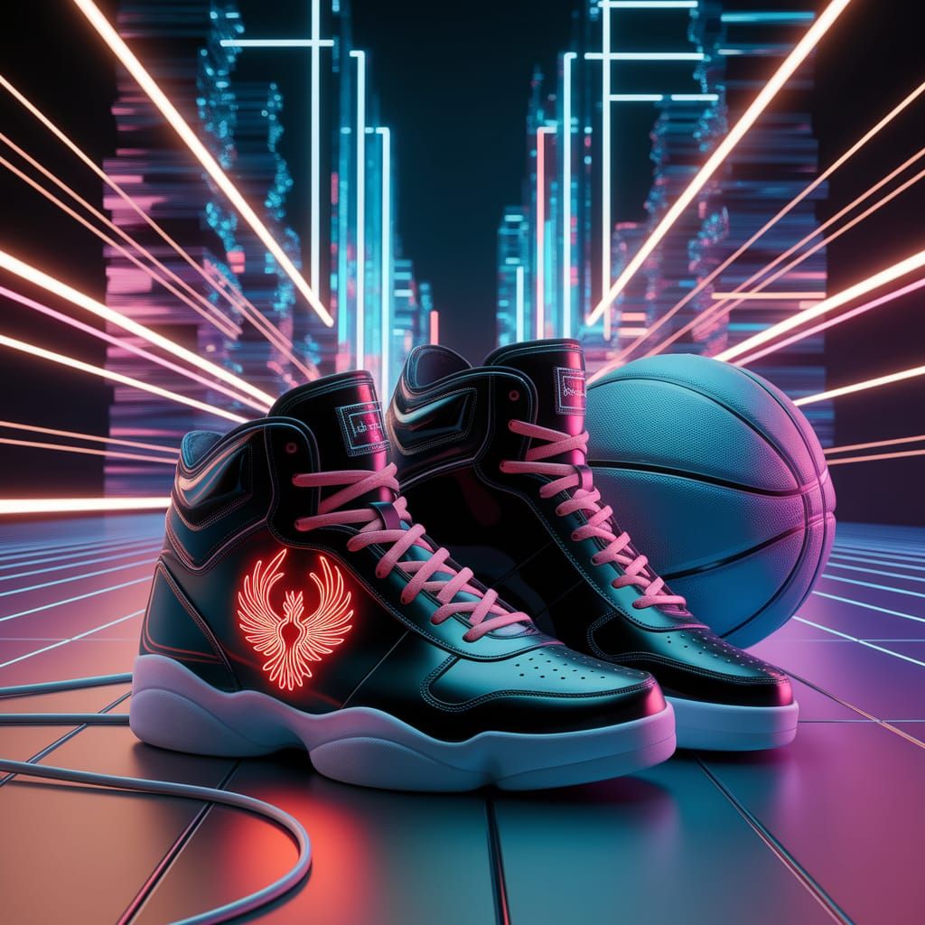 Sleek, futuristic high top sneakers with intricately neon designed phoenix emblem, a basketball sitting next them, set a...