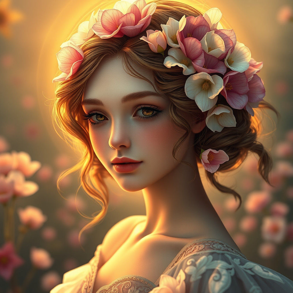 Majestic Flower Girl in Golden Light, Art Nouveau Style