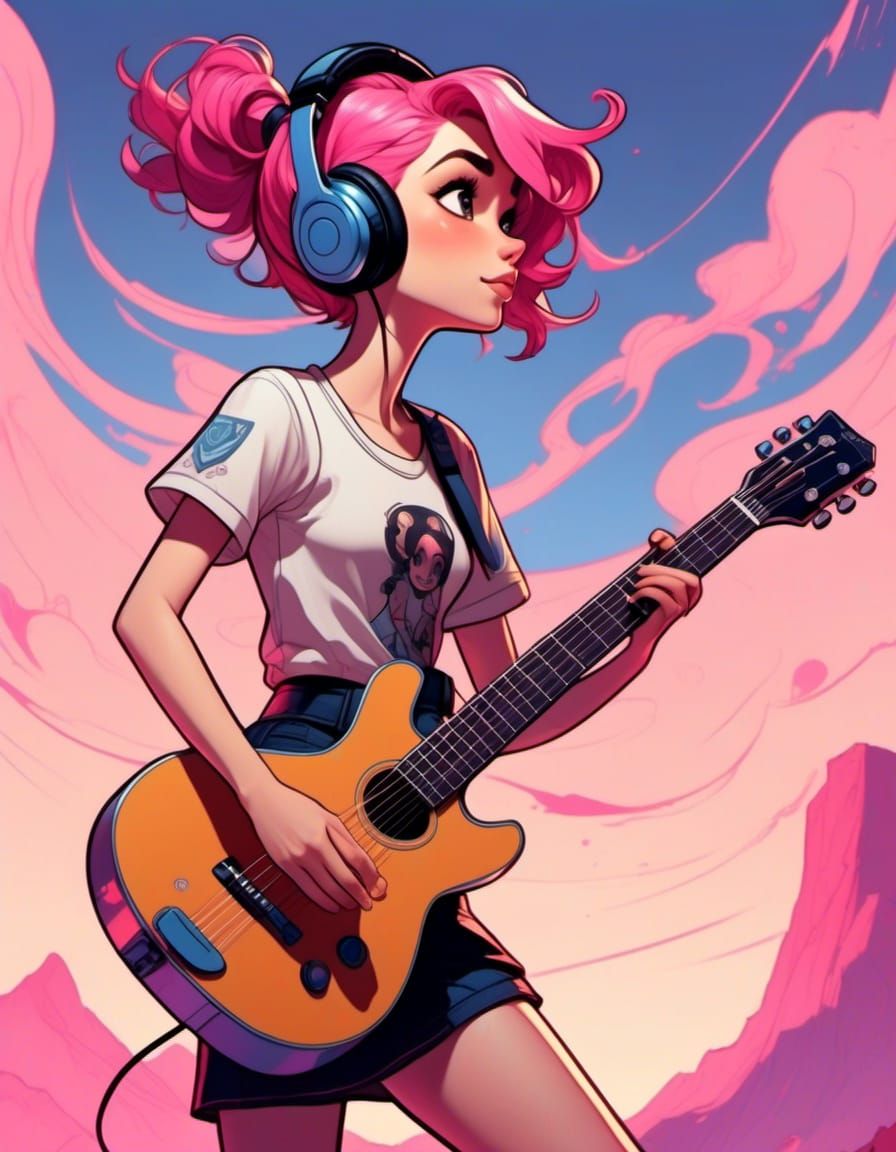 Cartoon Girl Playing Guitar in Powerpuff Girls Style