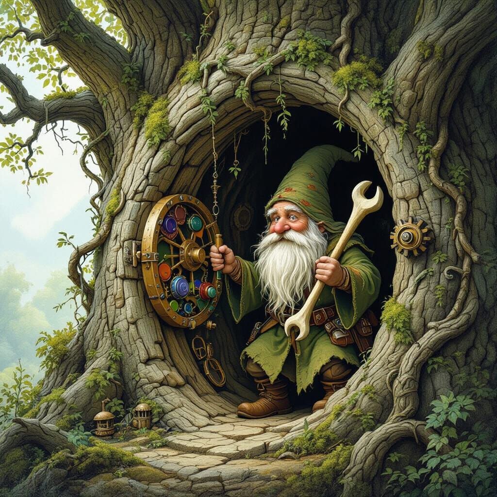 Gnomish Figure Adjusts Gears in Elm Tree Cave